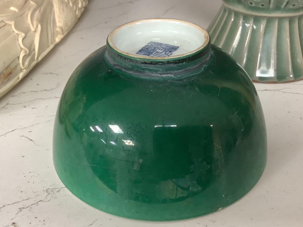 A Chinese green glazed bowl and a Korean celadon vase, height 27cm